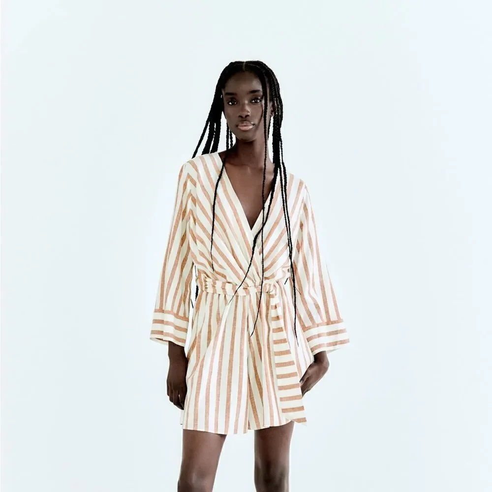 Zara Linen Blend Jumpsuit Striped New